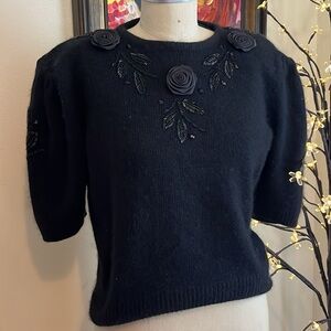 Vintage Black Sequin Satin Rose Short Sleeve  Sweater